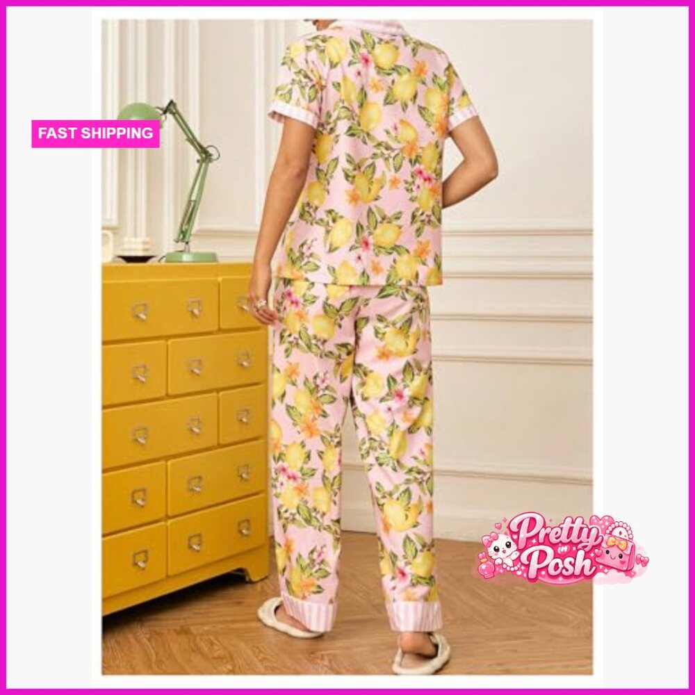 Polyester Blend Button Down Pajama Set Short Slee… - image 3